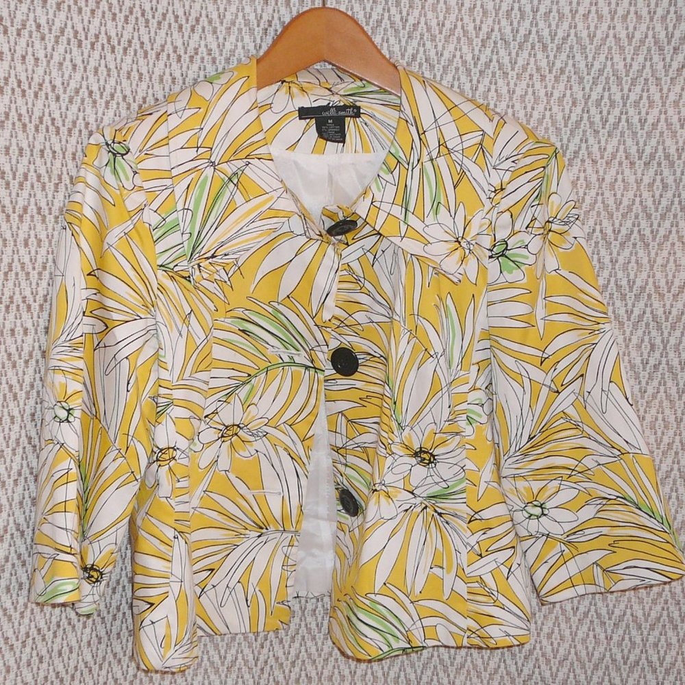 Willi Smith 3/4 Sleeve Jacket Blazer Yellow Floral Print Size M, 10